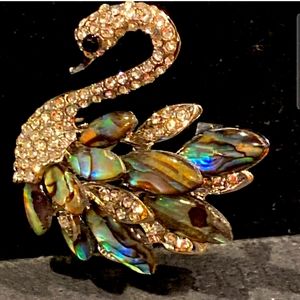 Abalone and Rhinestone Swan Brooch